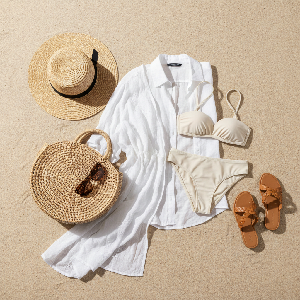 Lightweight beach vacation outfit flat lay with linen shirt, swimsuit, sandals, and woven bag