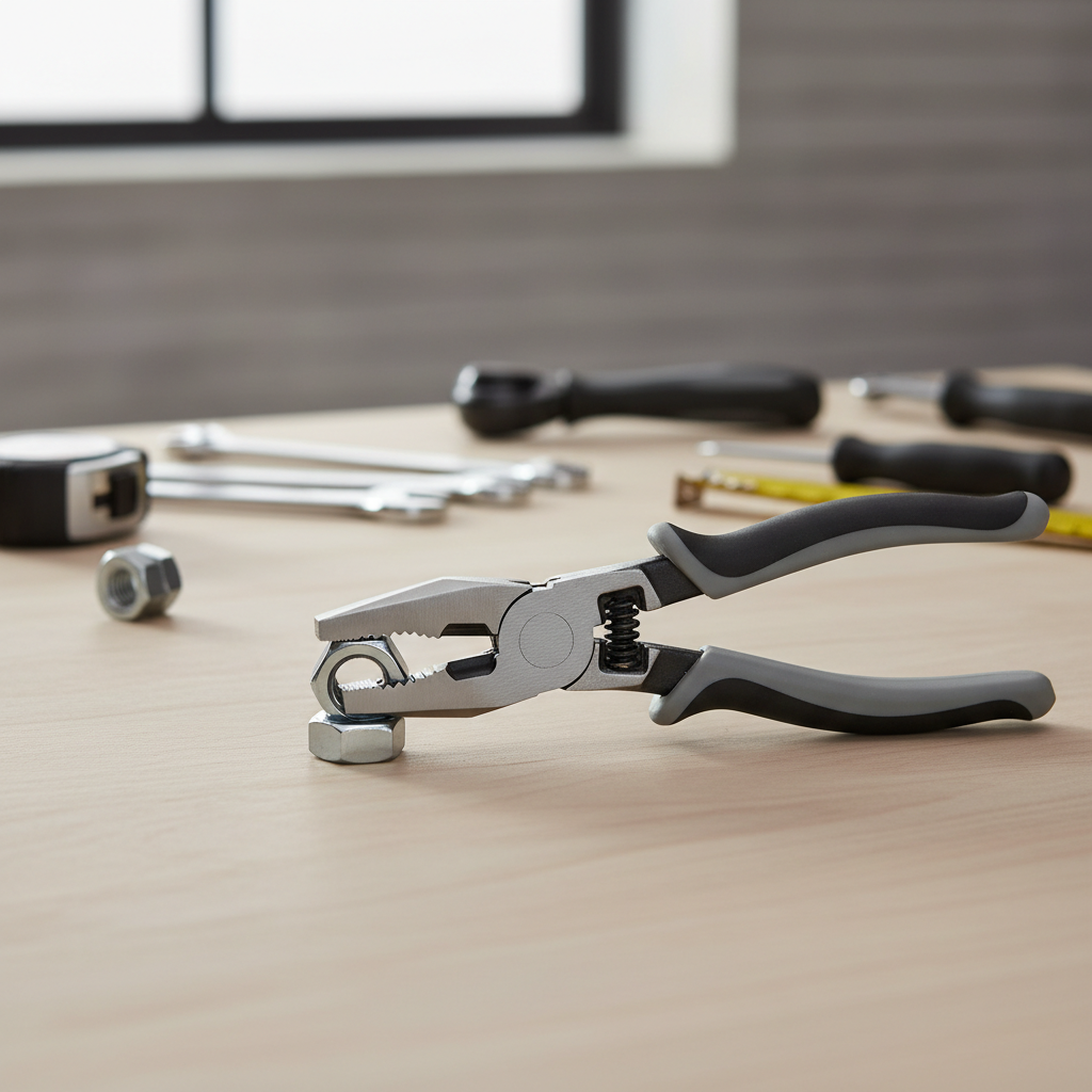 Adjustable slip joint pliers gripping a hex nut on a workbench