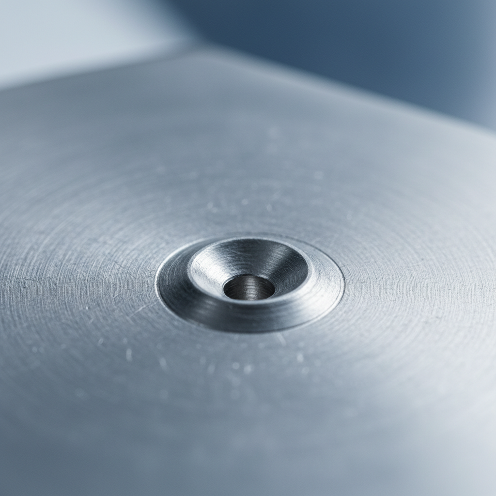 Close-up of a centered punch mark and pilot hole in aluminum plate