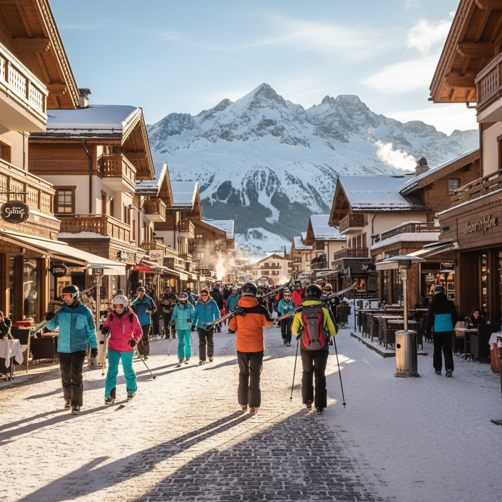 Snowy mountain town with skiers and sunlit peaks