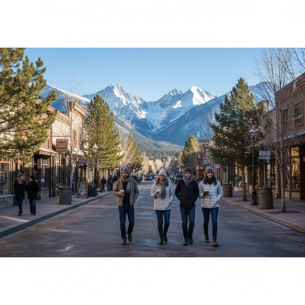 Cool-air mountain town main street with pine trees and distant peaks