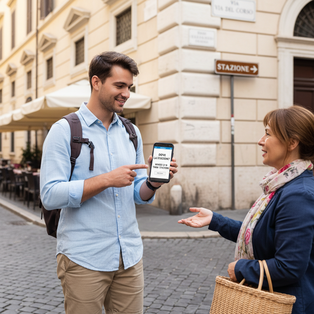 Tourist using a phrase list on a phone while asking for directions in a city