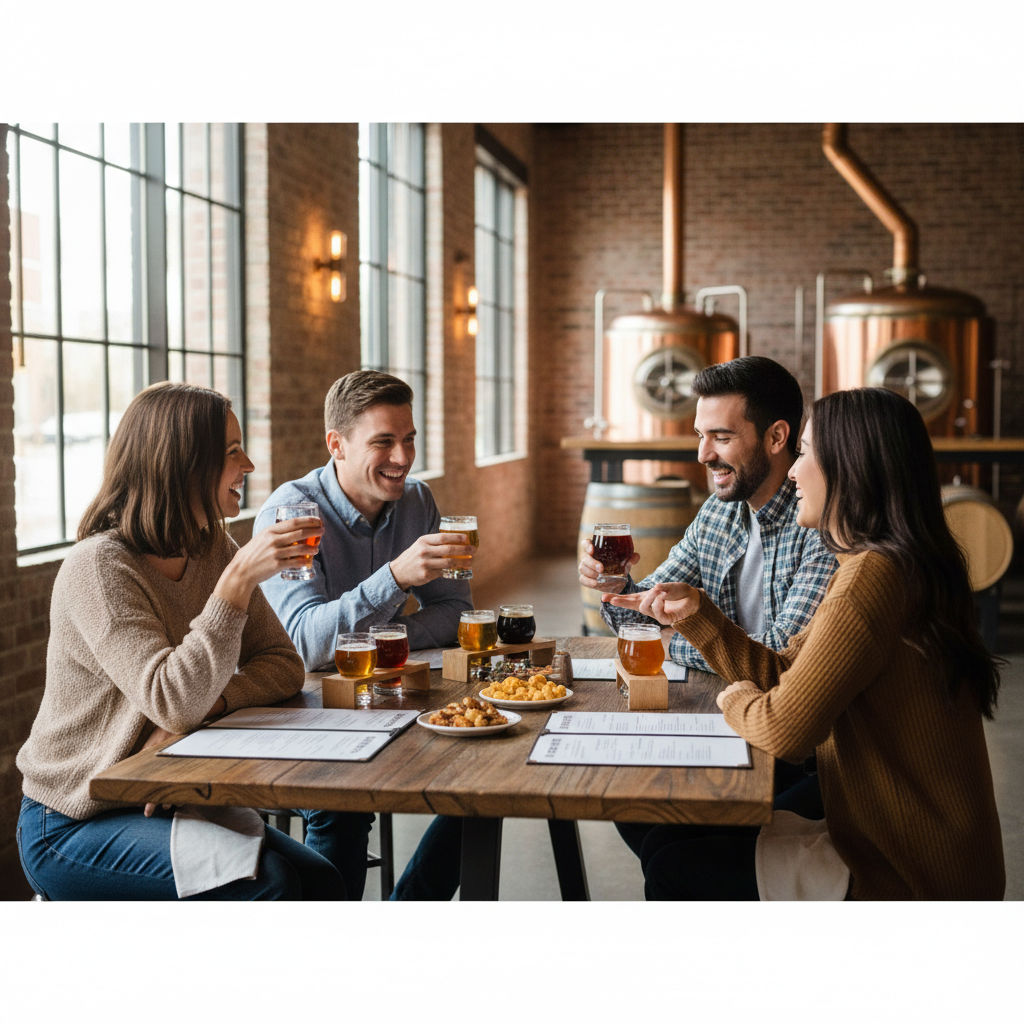 Friends sampling beer flights during a brewery tour travel guide planning trip