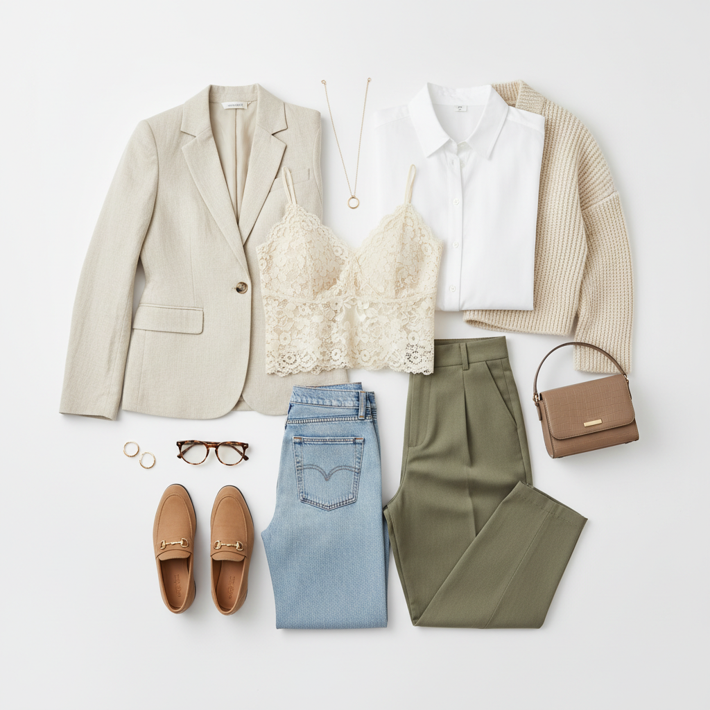 Flat lay of layering outfits featuring lace camisole top
