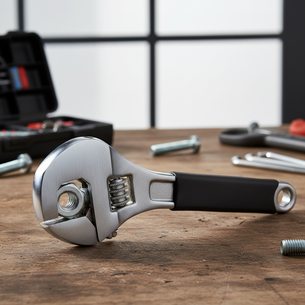 Steel adjustable monkey wrench gripping a hex nut during repair