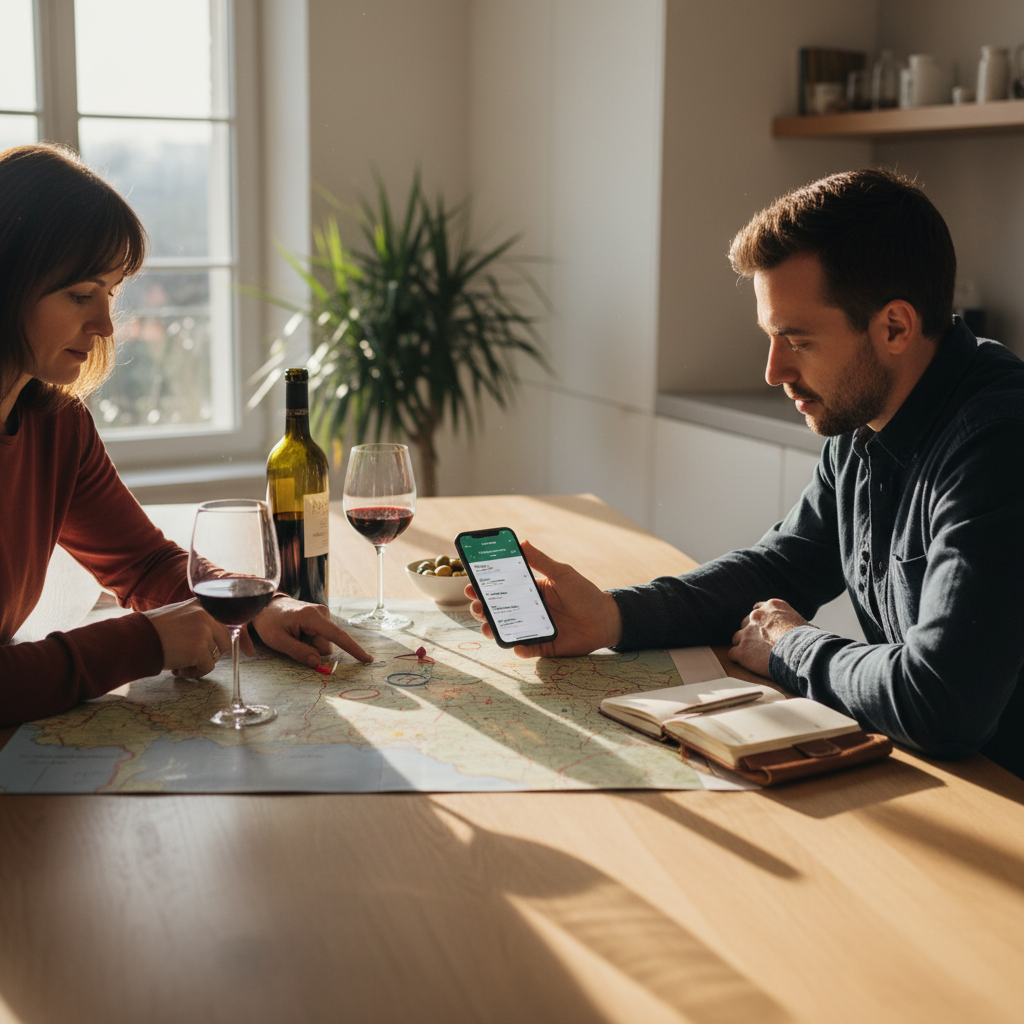 Couple reviewing a wine map while planning a tasting trip