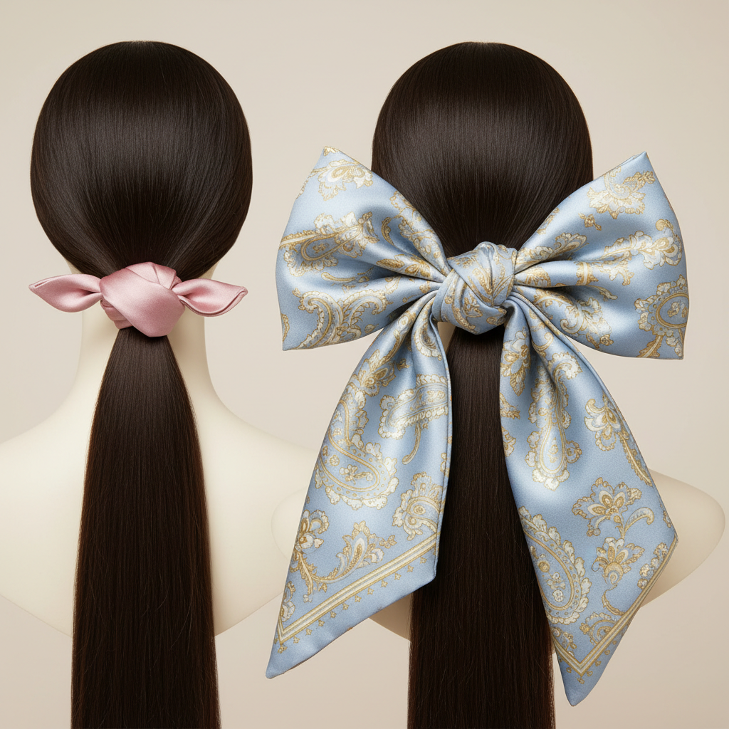Close-up of silk scarf knot details showing neat vs bulky ties