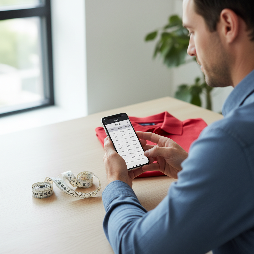 Man checking shirt size chart on phone next to a tape measure and folded red shirt