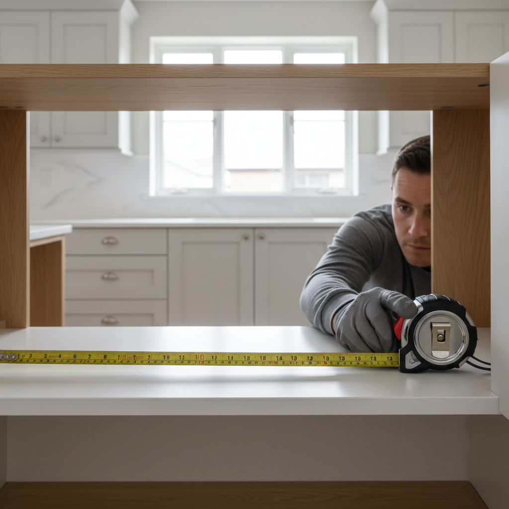 Measuring inside a cabinet with a self-locking tape measure for stable reading