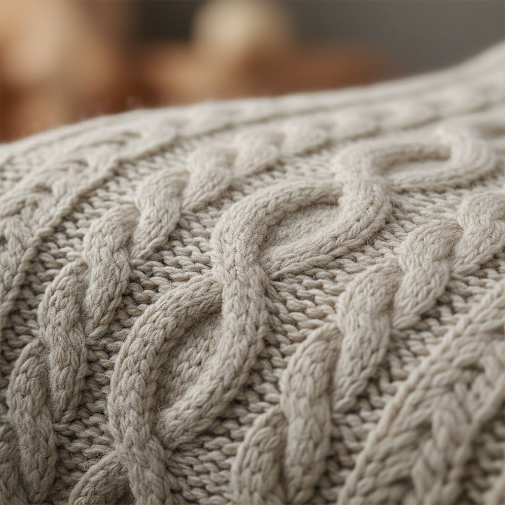 Close-up texture of cable knit sweater showing stitch pattern and yarn detail