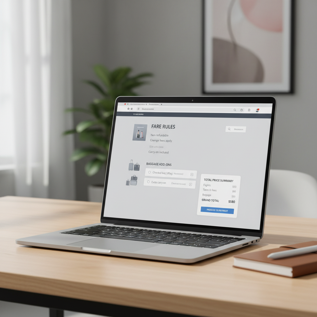 Airline checkout page showing fare rules, baggage options, and total price