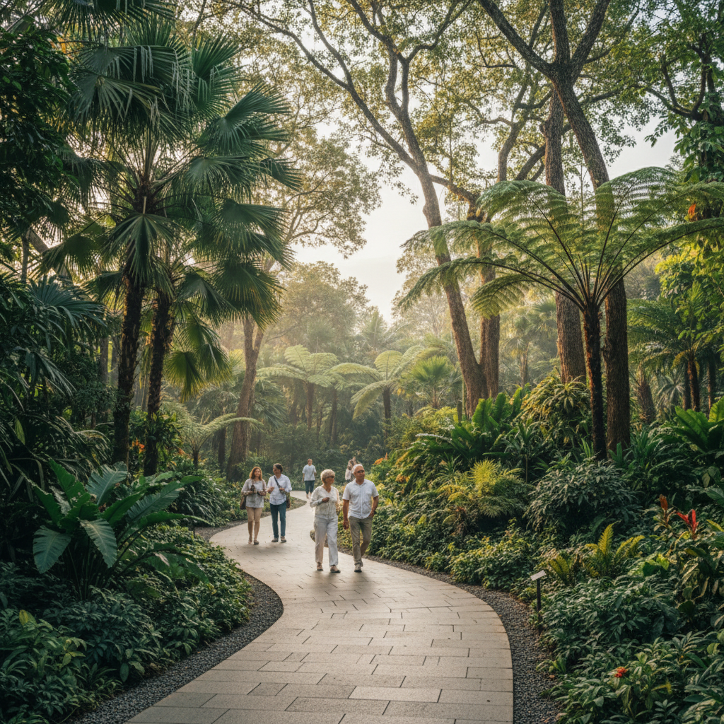 A calm botanical garden path with lush greenery and visitors walking