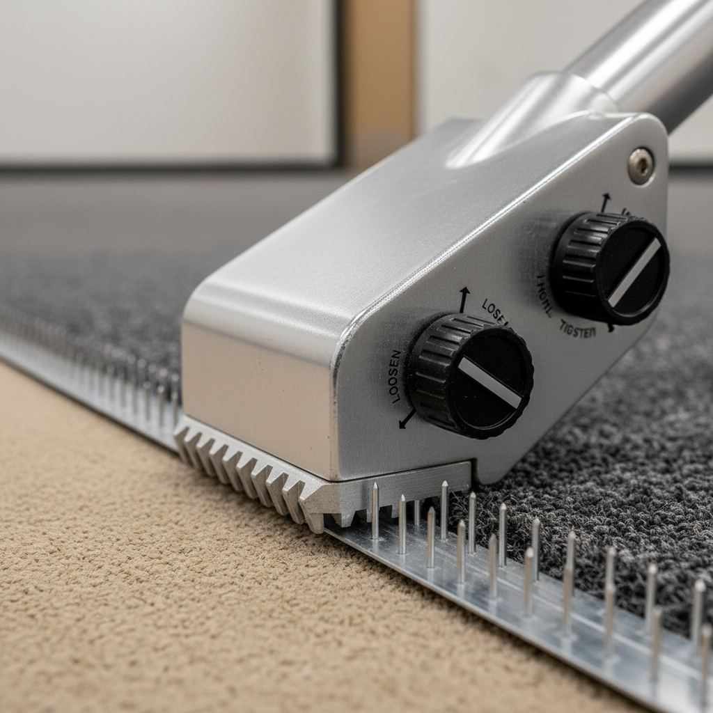 Close-up of knee kicker head teeth gripping carpet backing near tack strip