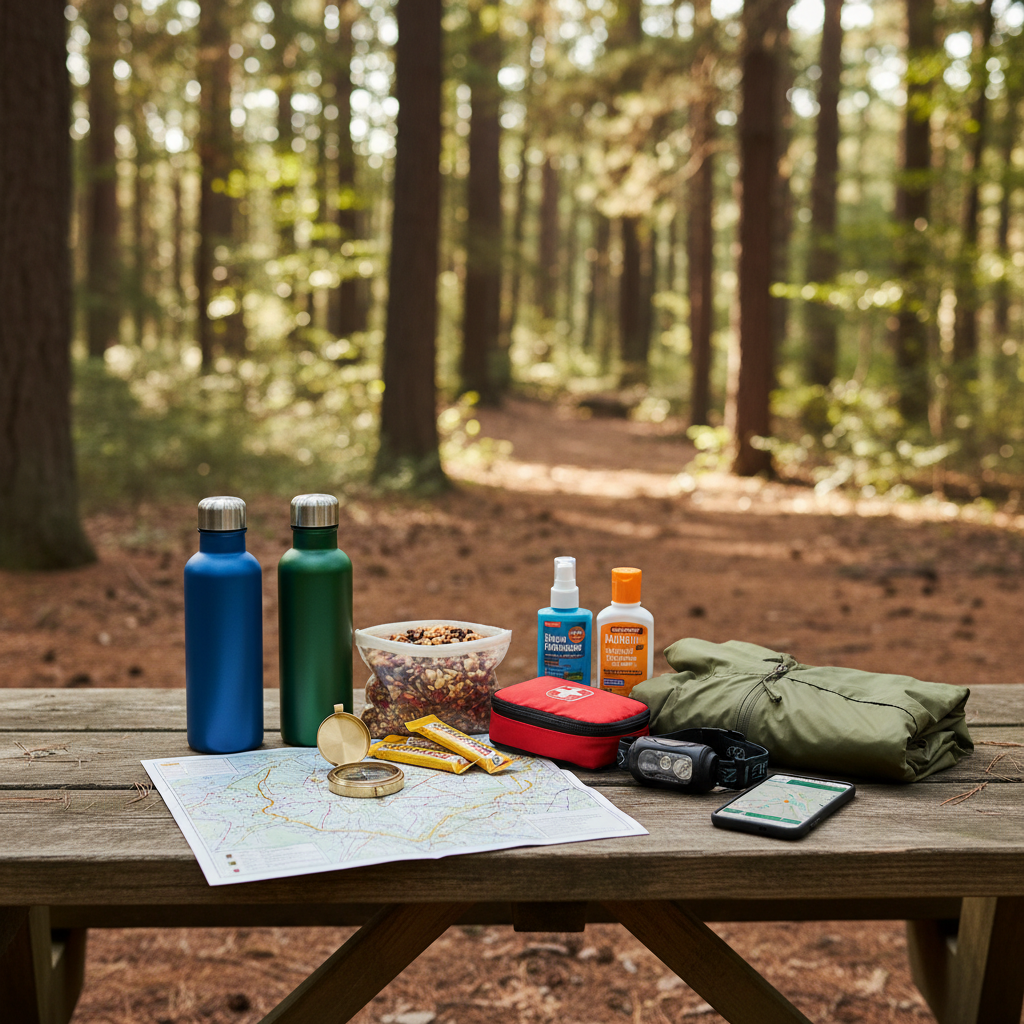 Packing essentials for state forest travel day trips on a picnic table