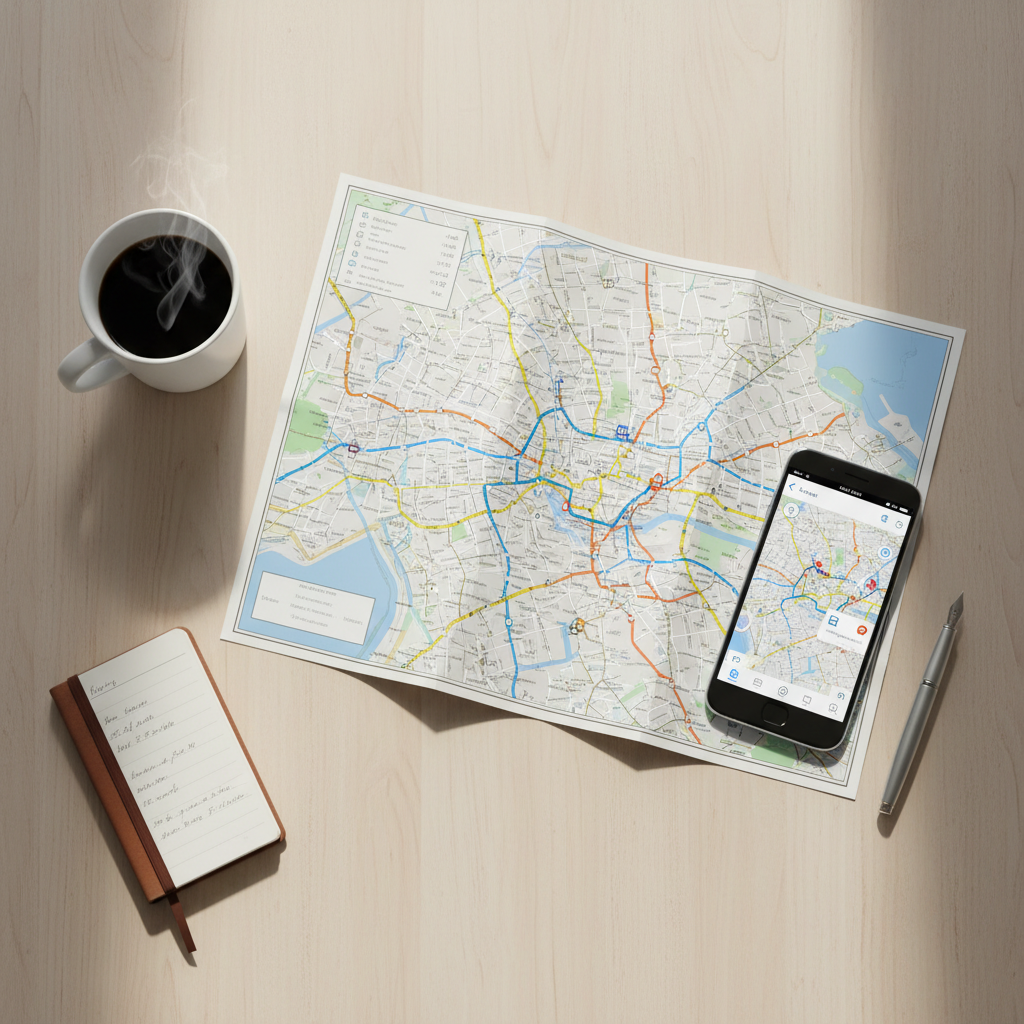 First-time big city travel itinerary map with neighborhoods and transit lines