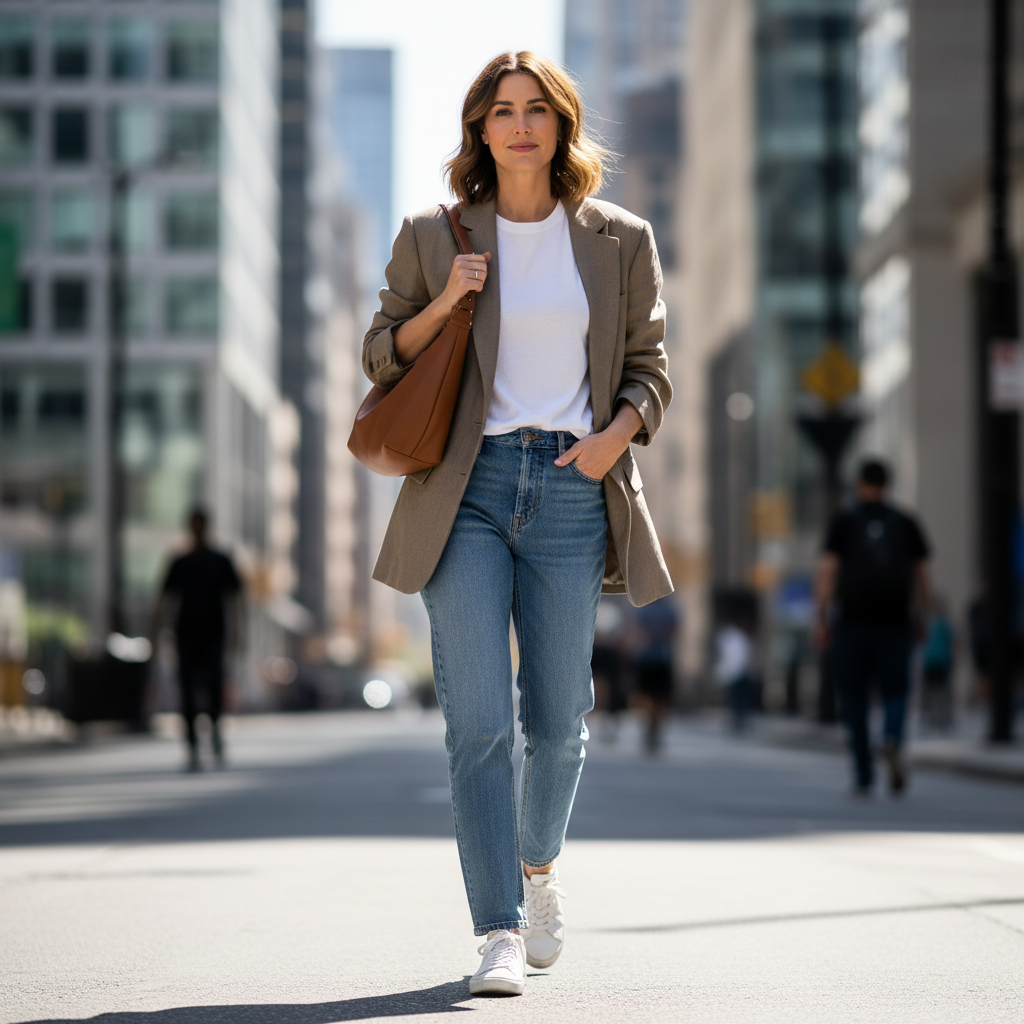 Casual outfit with a leather hobo bag, straight-leg jeans, and white sneakers