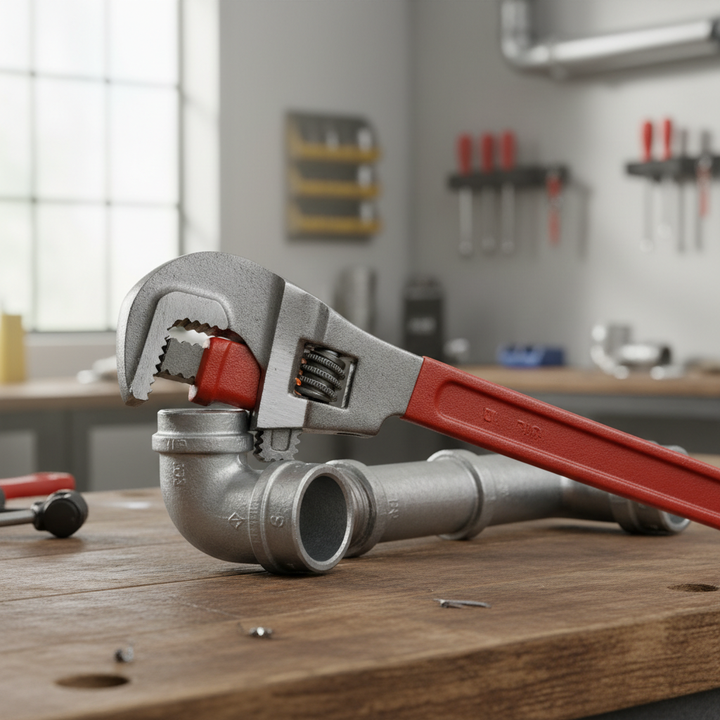 Heavy duty adjustable pipe wrench gripping a steel pipe fitting in a plumbing setup
