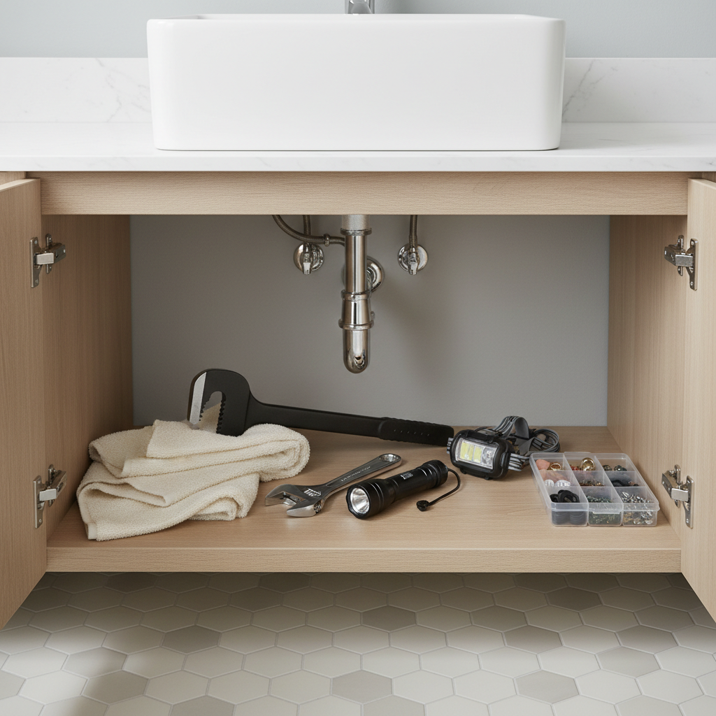 Under-sink setup with flashlight, towel, and basin wrench ready for faucet repair