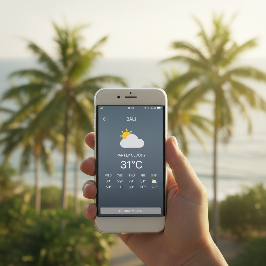 Tropical weather planning on a phone with palm trees in the background