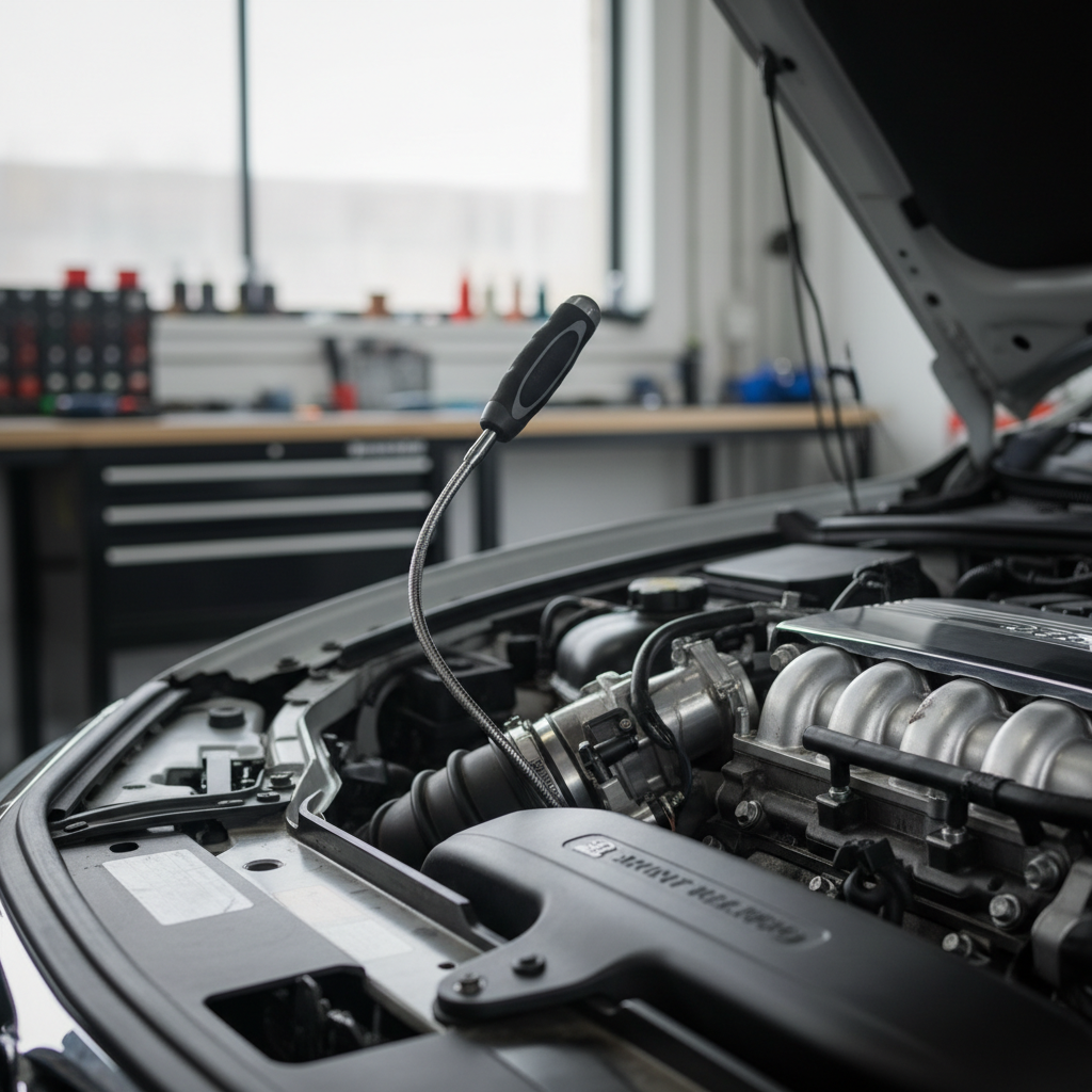 Small magnetic pickup tool retrieving a screw from a tight engine bay gap