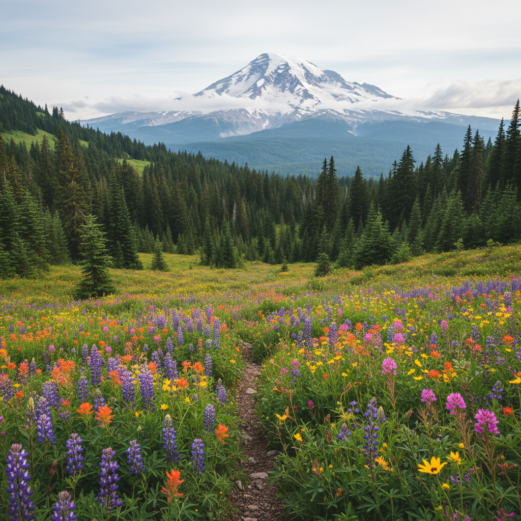 Pacific Northwest Cascade mountains with wildflower meadow and volcano view