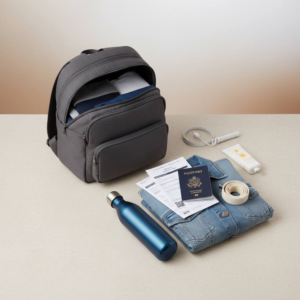 Cruise carry-on essentials laid out for embarkation day