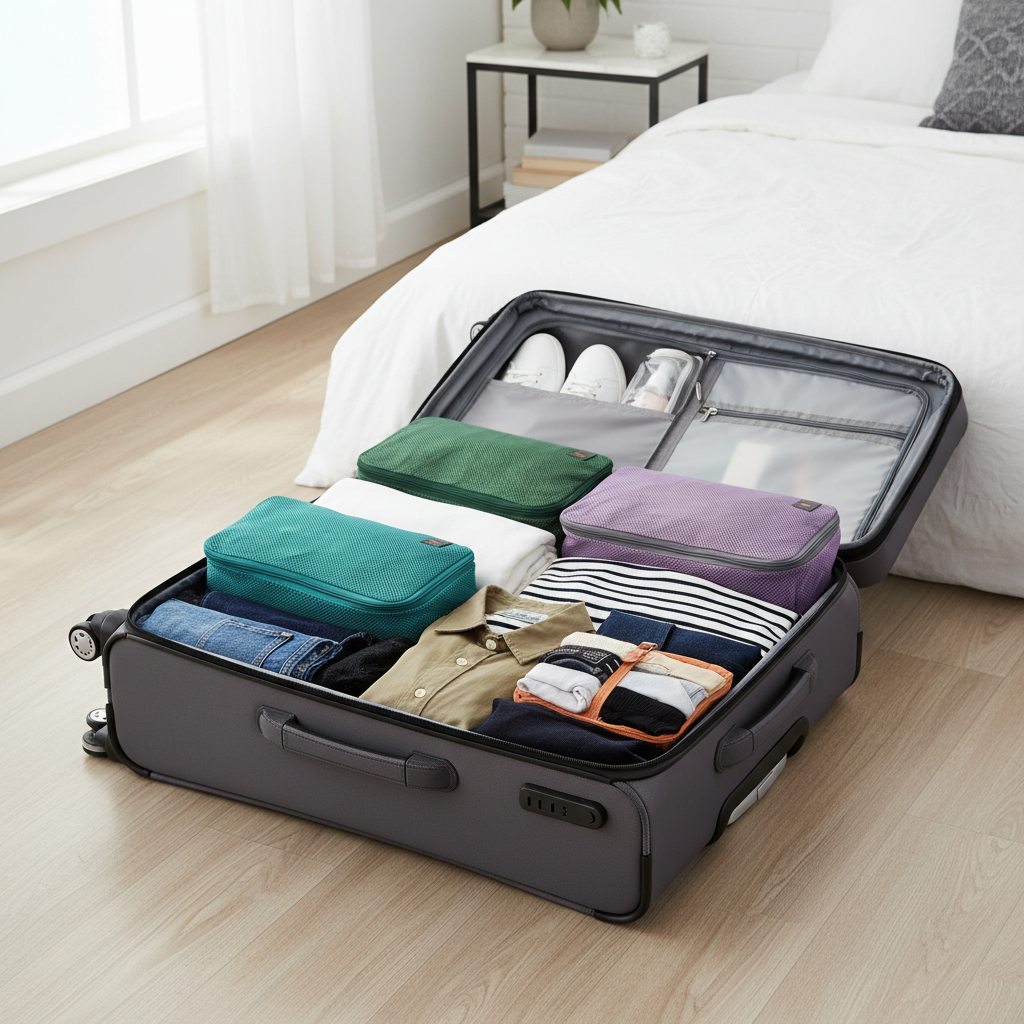 Compressible packing bags organized inside a carry-on suitcase for travel