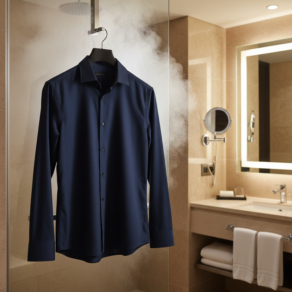 Wrinkle-resistant shirt hanging in hotel bathroom with steam for de-wrinkling