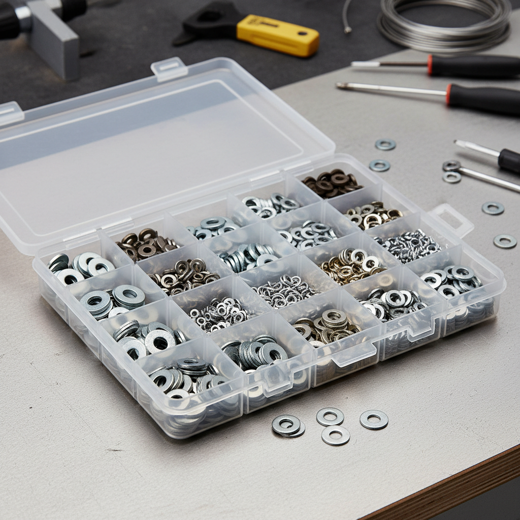 Assorted flat washers and lock washers organized in a compartment box for workshop use