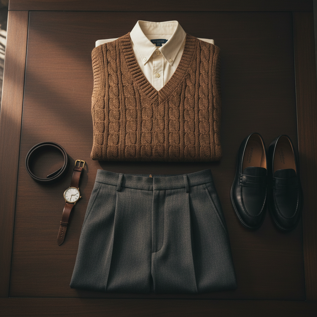 Dark academia outfit formula with knit vest layered over oxford and trousers