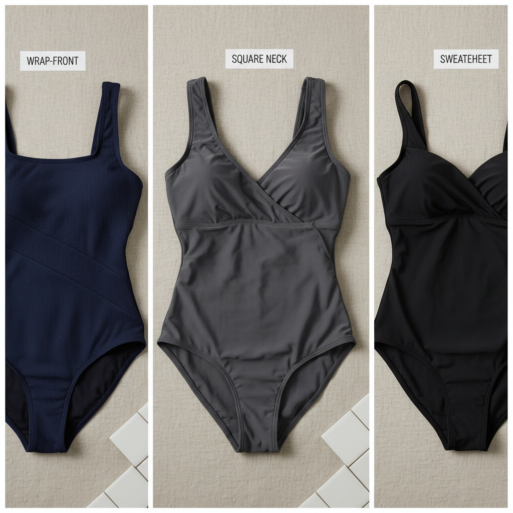 Different tummy control one-piece swimsuit necklines and supportive straps