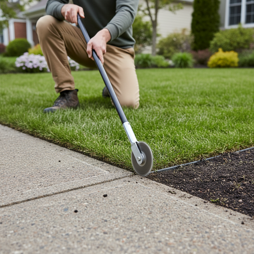 Manual hand garden edger tool cutting a clean lawn edge along a concrete sidewalk