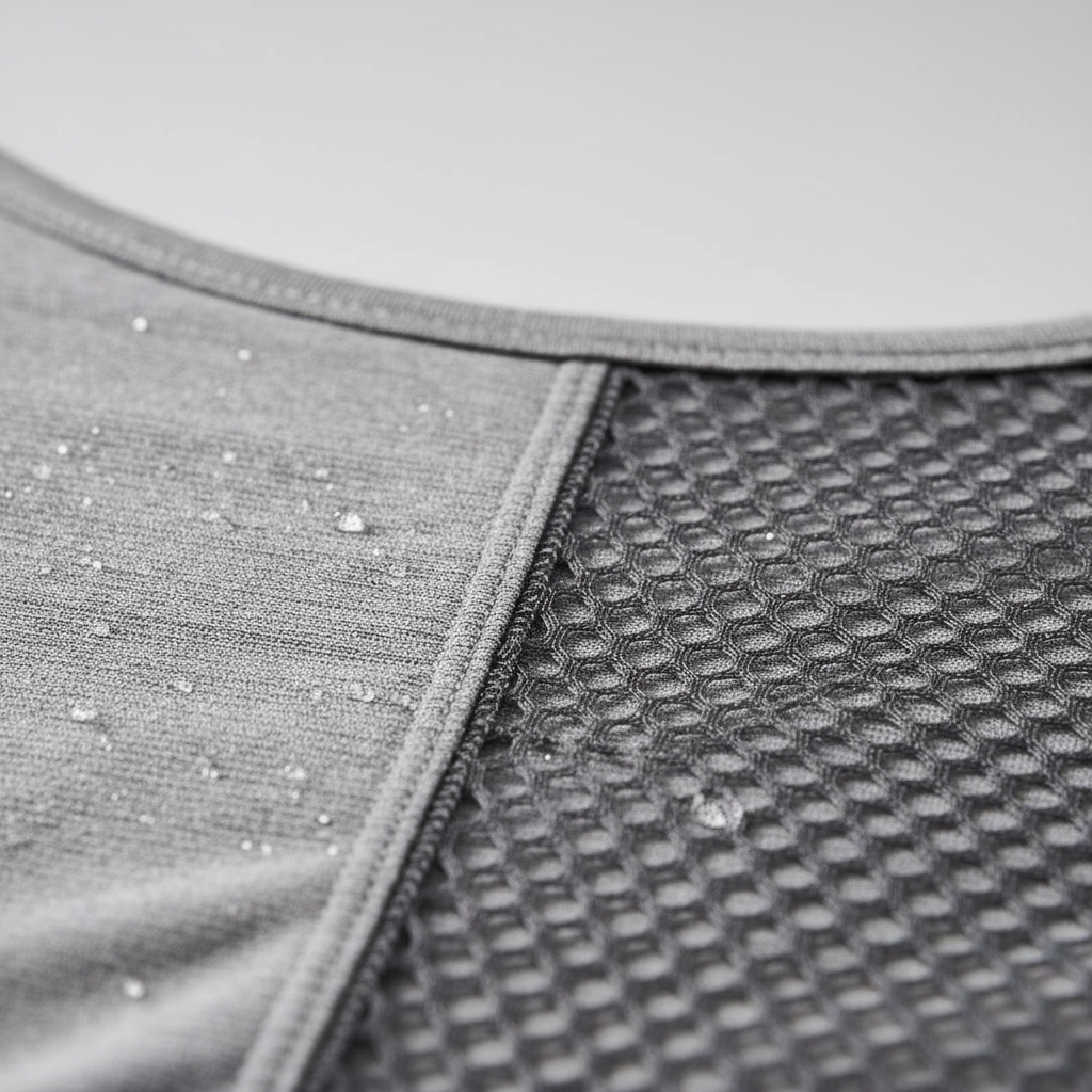 Fabric close-up showing mesh panels on a breathable workout tank top for women