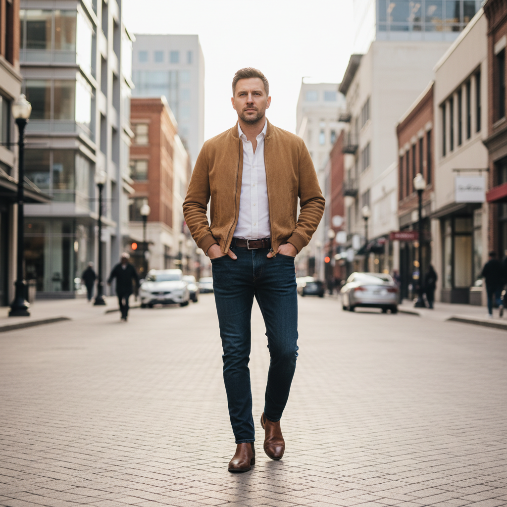 Casual smart outfit with a men suede jacket in a city setting