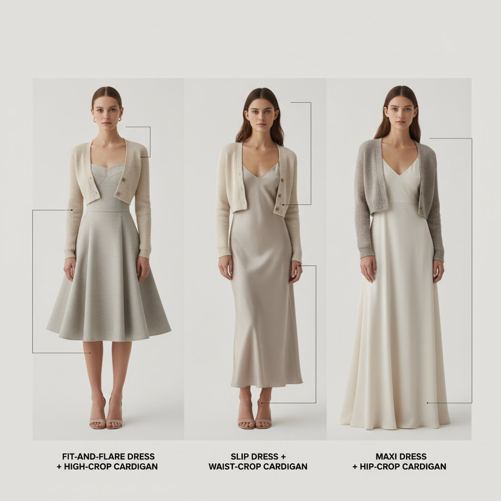Cropped cardigan hem placement over different dress silhouettes