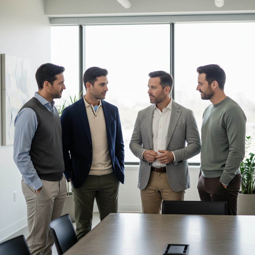 Men wearing business casual outfits in a modern office setting