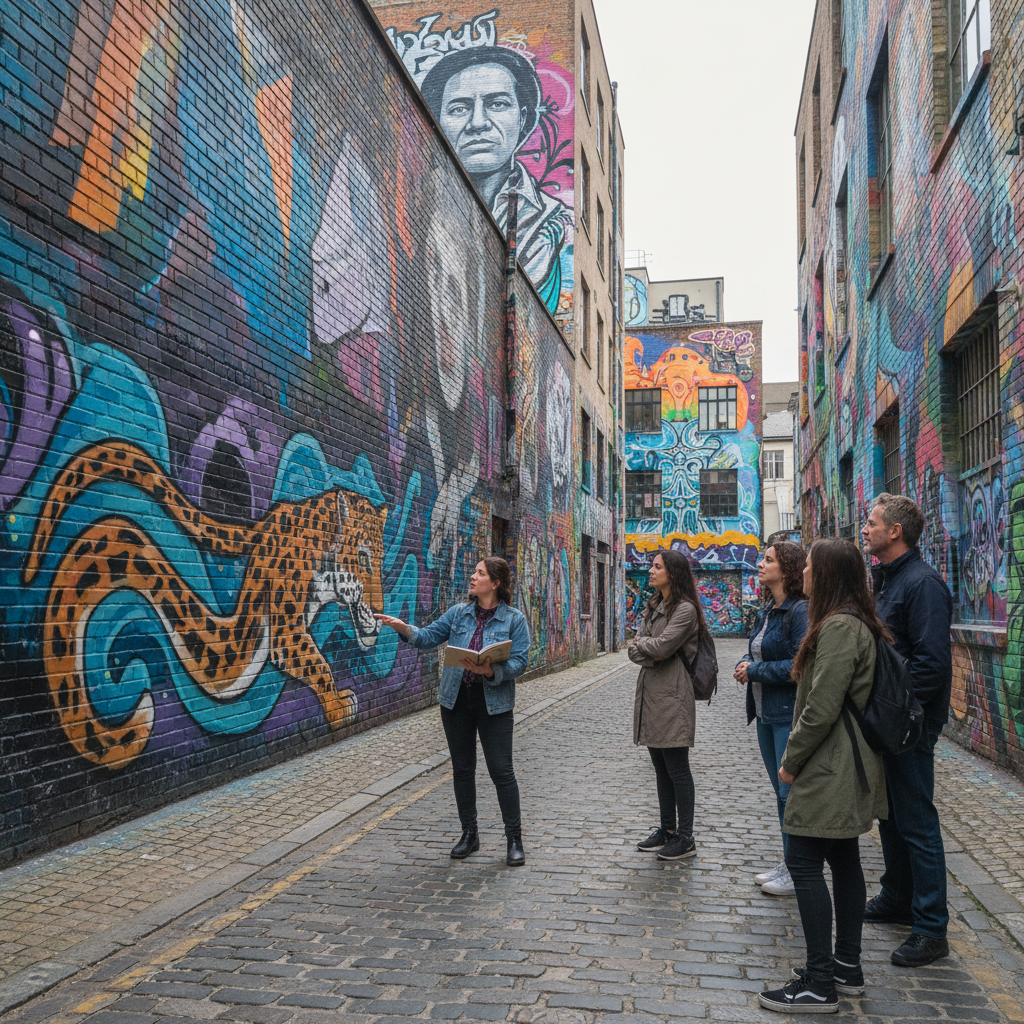 Street art walking tour group in a mural-lined neighborhood street