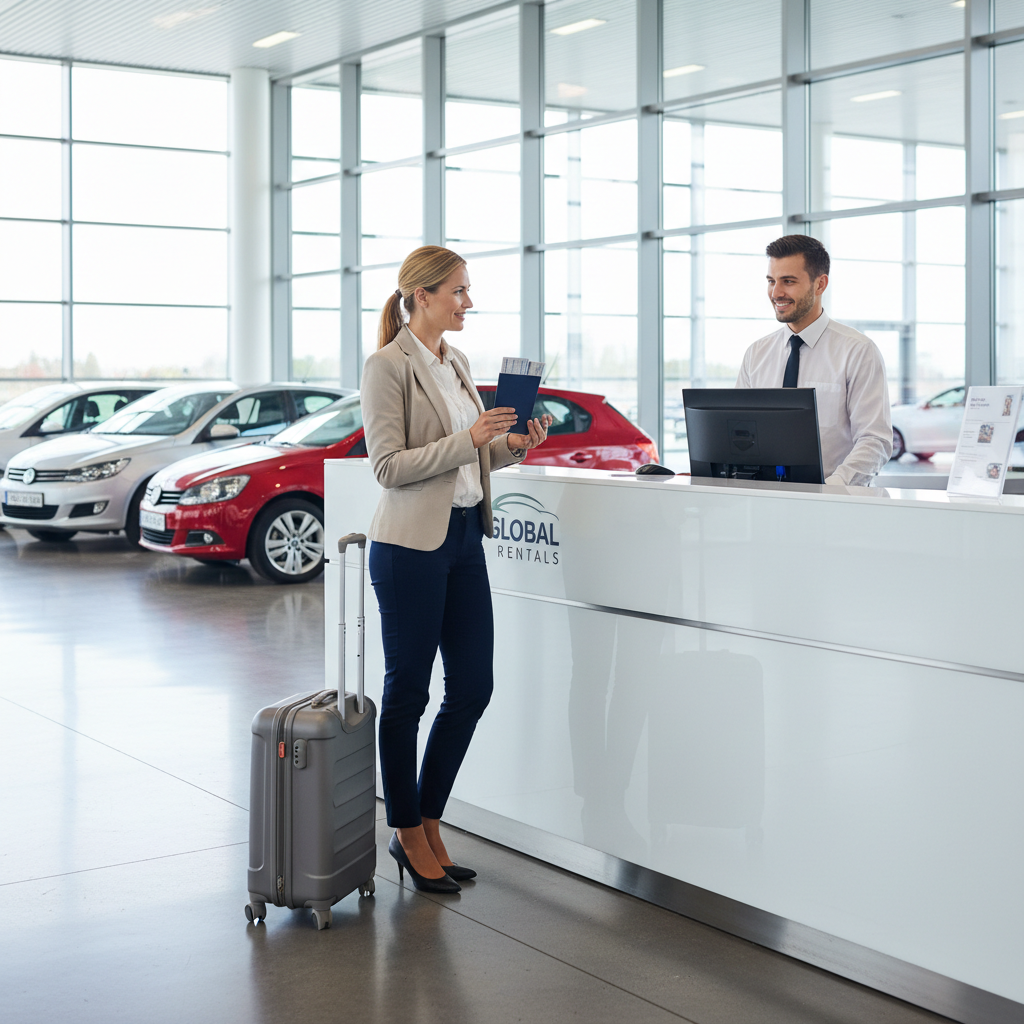 International driver picking up a rental car at an airport counter