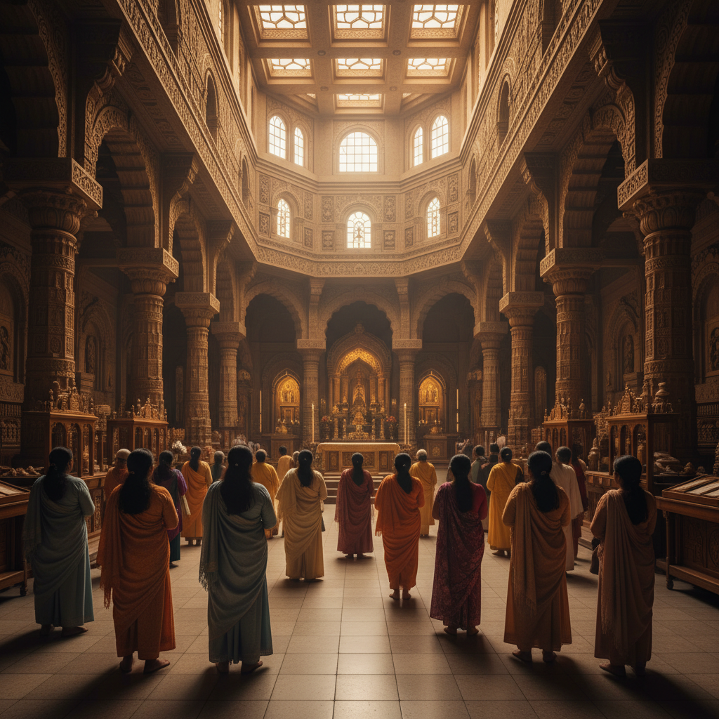 Interior of a sacred temple with visitors observing respectfully