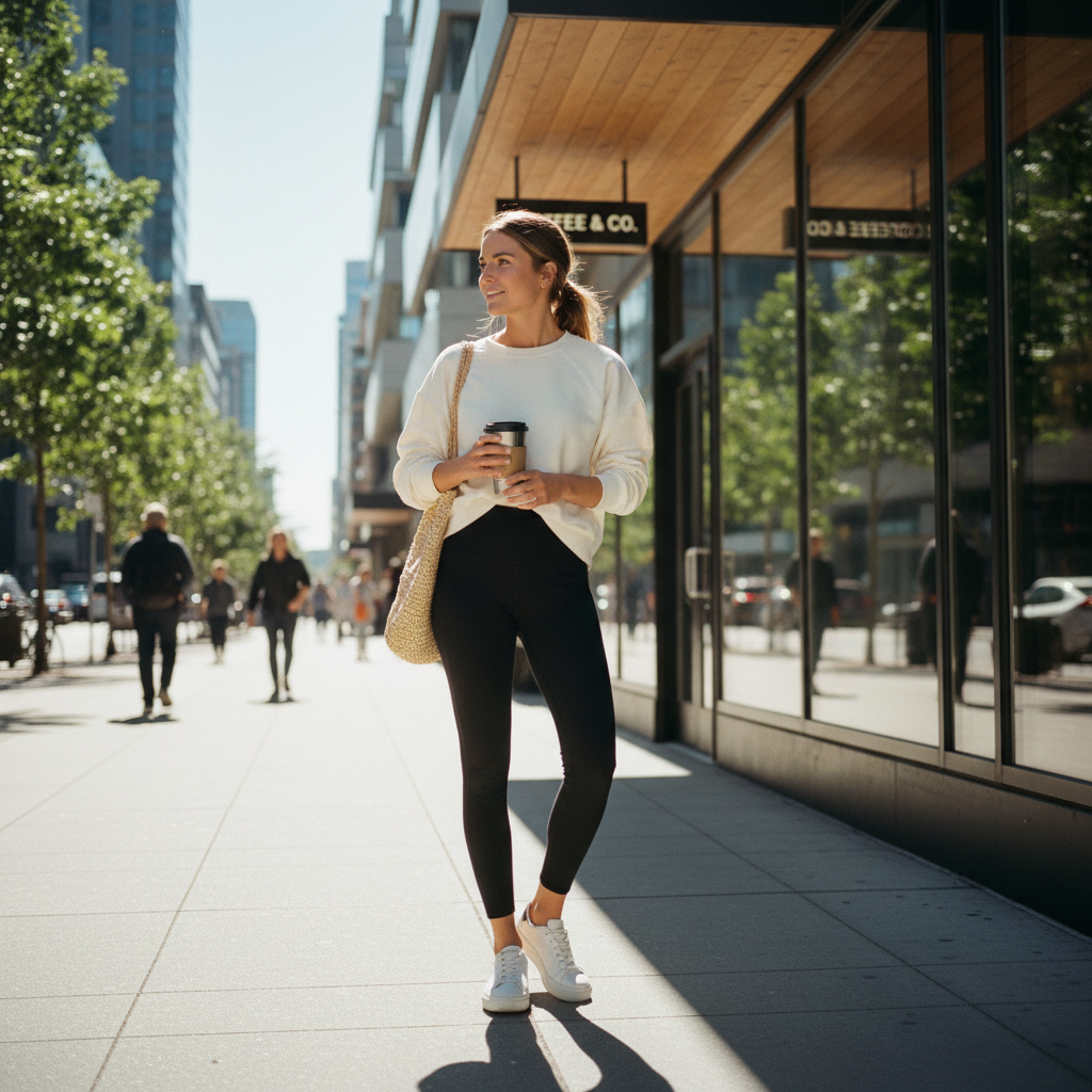 Casual yoga pants outfit with oversized sweatshirt and clean sneakers