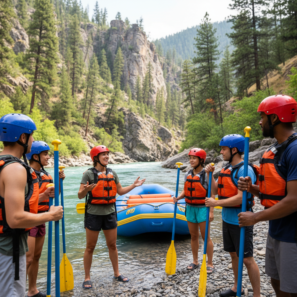 Rafting guide giving a pre-trip safety briefing and paddle commands