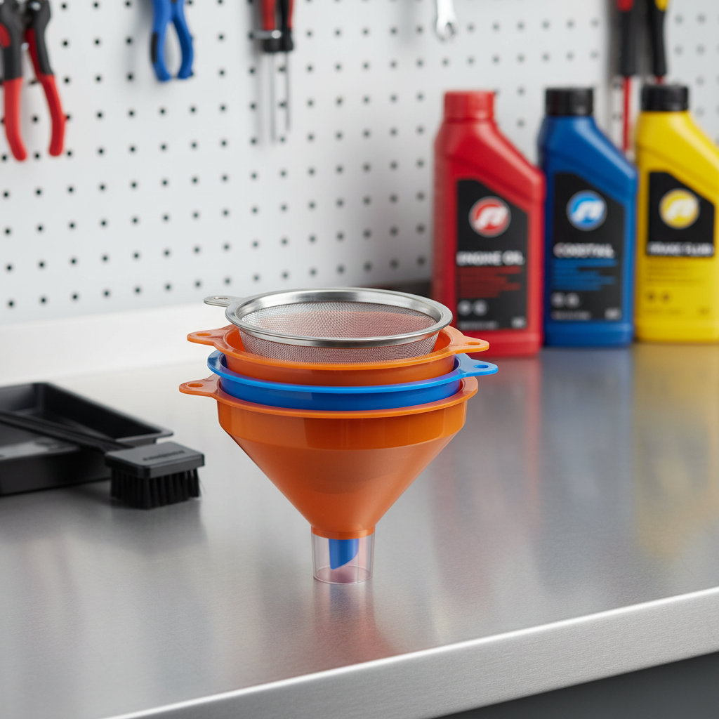 Funnel set with filter screen for clean fluid transfer in a garage
