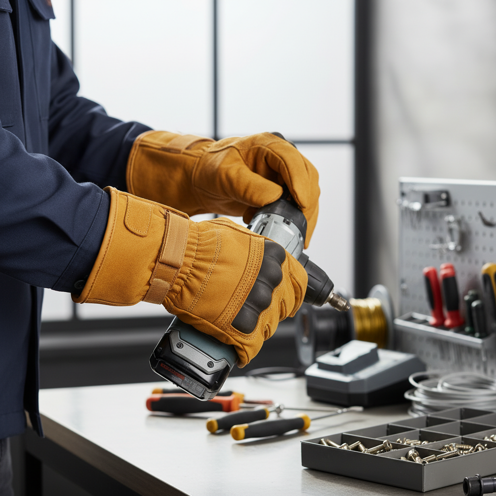 Worker checking glove fit and finger dexterity with hand tools