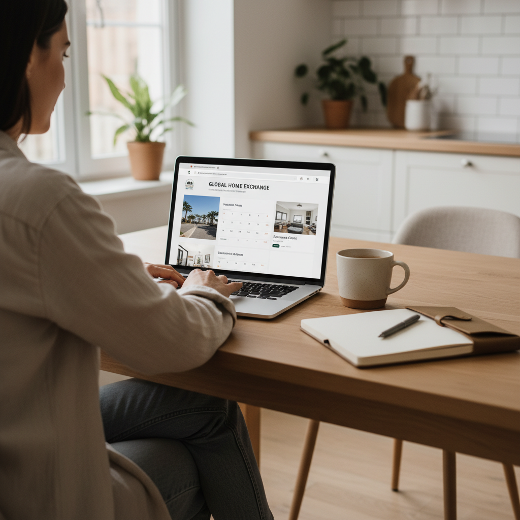 Traveler reviewing a house sitting listing and calendar on a laptop