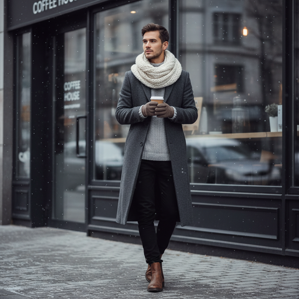 Long wool coat layered over sweater with scarf and Chelsea boots
