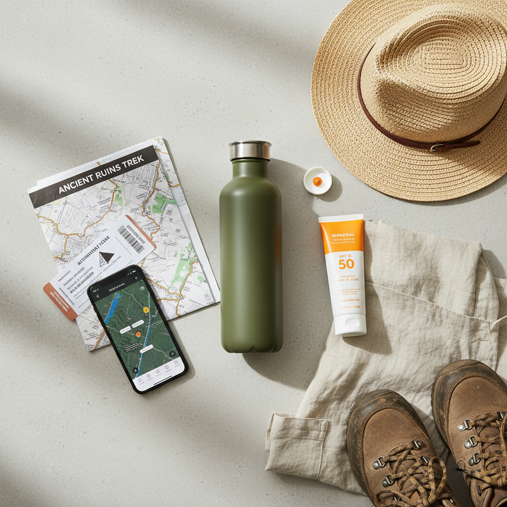 Flat lay of archaeological site travel essentials like water, hat, sunscreen, and trail map