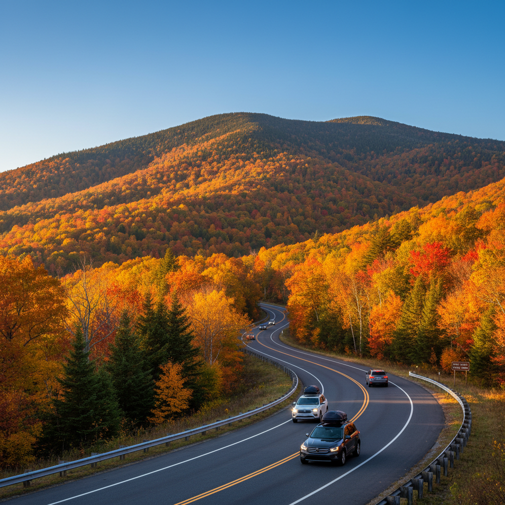 Scenic fall road trip with colorful foliage in the mountains