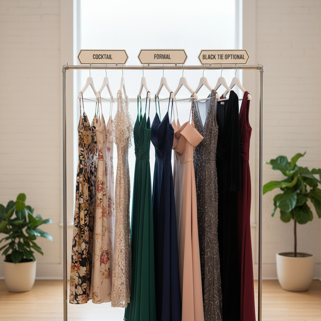 Wedding guest dress ideas for different dress codes on a clothing rack