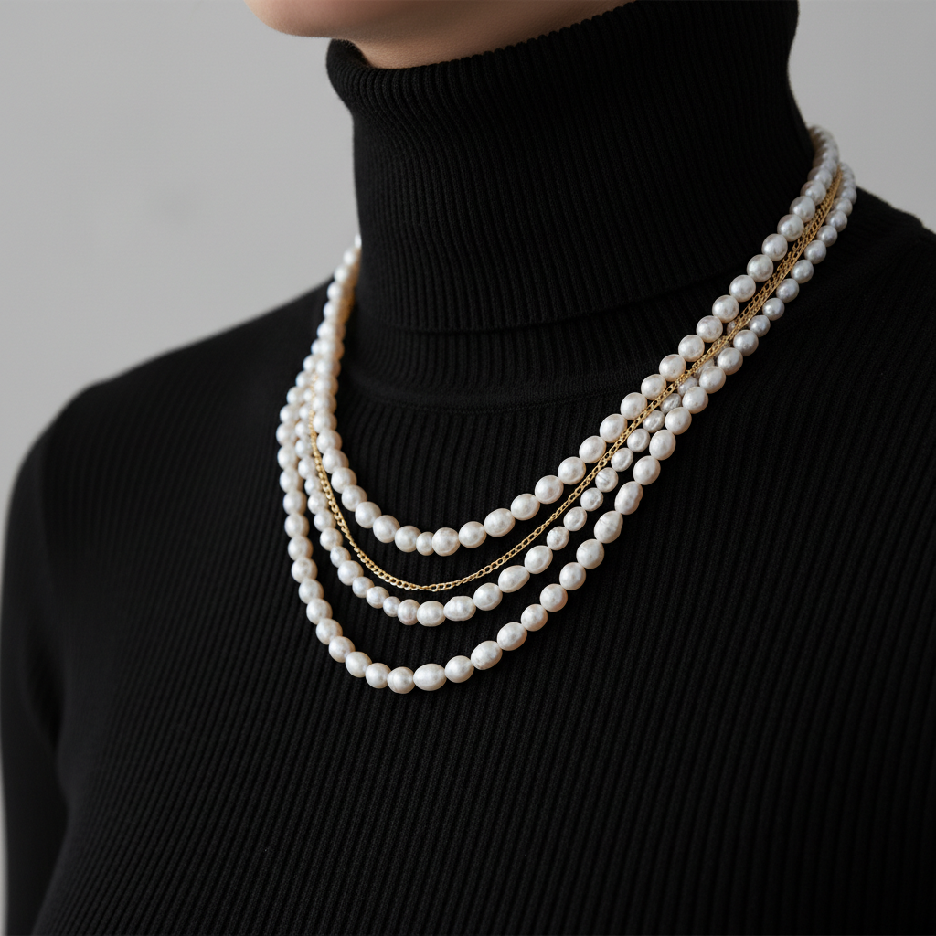 Layered pearl necklace and gold chain styling close-up