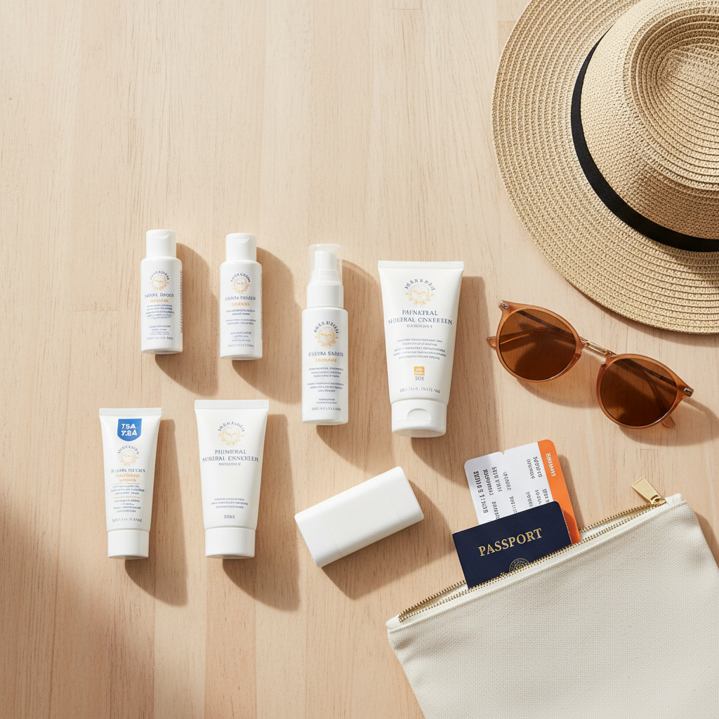 Travel sunscreen essentials laid out for packing and TSA